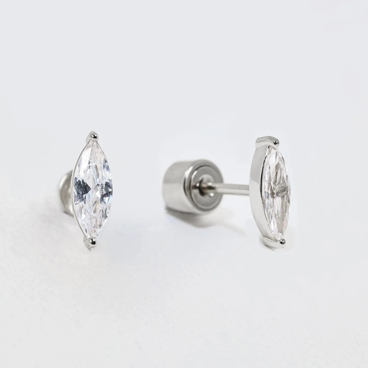 Push-in Flat Back Earrings, Hypoallergenic 14K Gold Plated Marquise Cubic Zirconia Stud Earrings | Cartilage Earring | Tragus Helix Piercing Jewelry | Threadless Push in Flatback Nap Earrings for Women Men