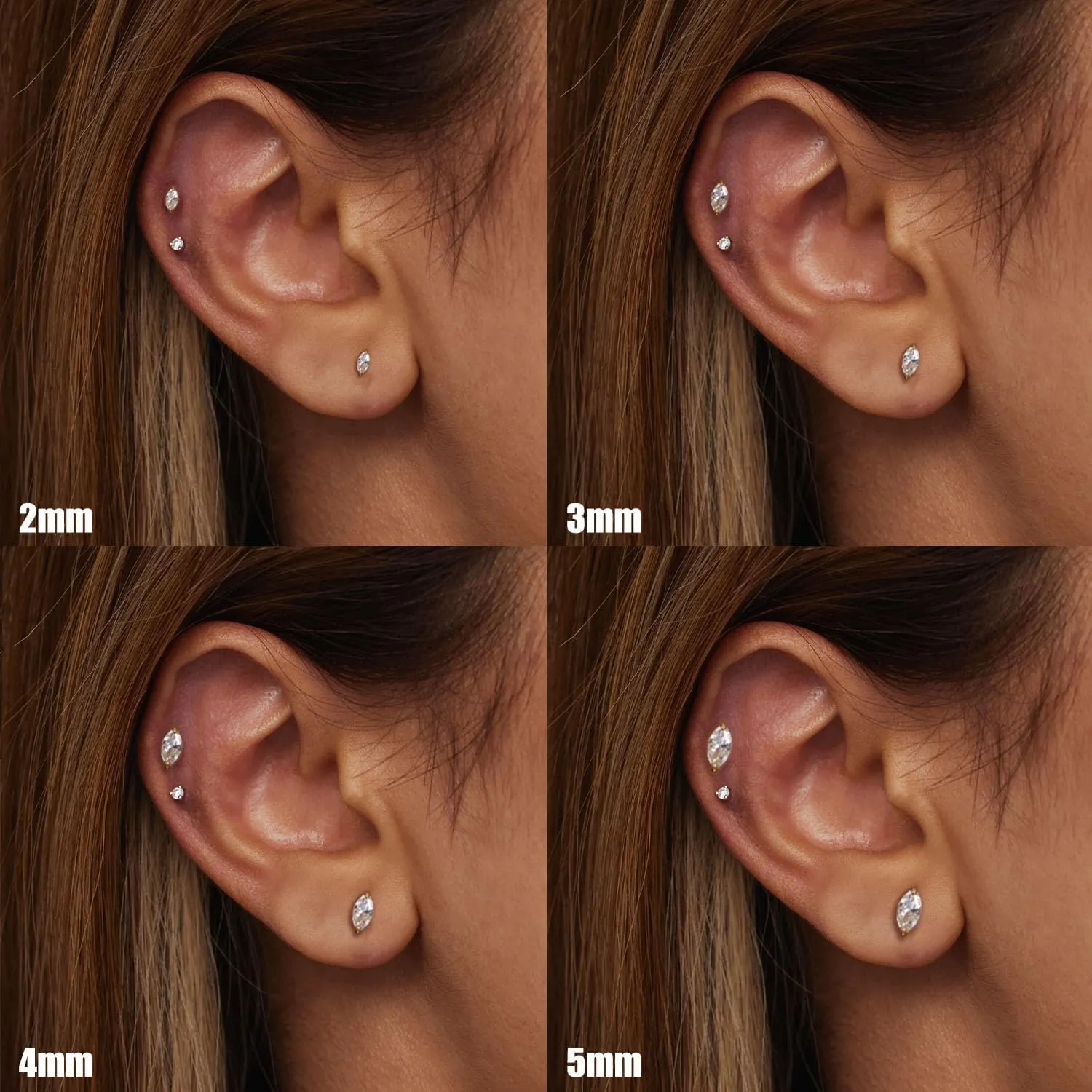 Push-in Flat Back Earrings, Hypoallergenic 14K Gold Plated Marquise Cubic Zirconia Stud Earrings | Cartilage Earring | Tragus Helix Piercing Jewelry | Threadless Push in Flatback Nap Earrings for Women Men