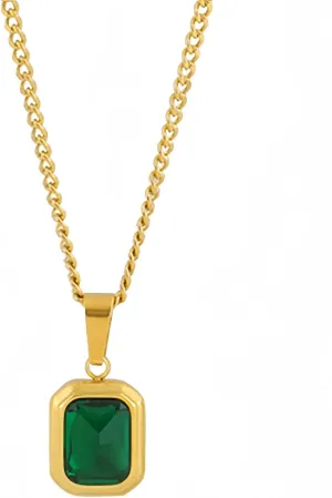 Q&D&S 18k Gold Emerald Necklace for WomenBirthstone Rectangle Princess Cut Charm NecklaceBlue Sapphire or Green Emerald Gemstone Pendant Necklace