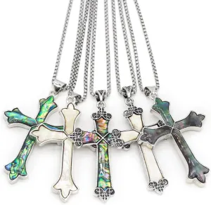 QSLLER 3pcs Natural Abalone Shell Pendant Necklace Cross Alloy Handicrafts 60cm Rope Chains White Black Charms Necklaces For Women (Colors)