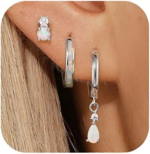 QUINBY Silver Opal Earrings Set For Women,Sterling Silver Opal Earring,Stud Dainty Cartilage Stackable Earring Stacks,14k Hypoallergenic Opals Jewelry Hoop Earrings,Birthday Ideas For Mom Friend Wife