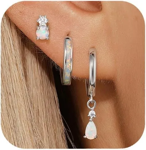 QUINBY Silver Opal Earrings Set For Women,Sterling Silver Opal Earring,Stud Dainty Cartilage Stackable Earring Stacks,14k Hypoallergenic Opals Jewelry Hoop Earrings,Birthday Ideas For Mom Friend Wife