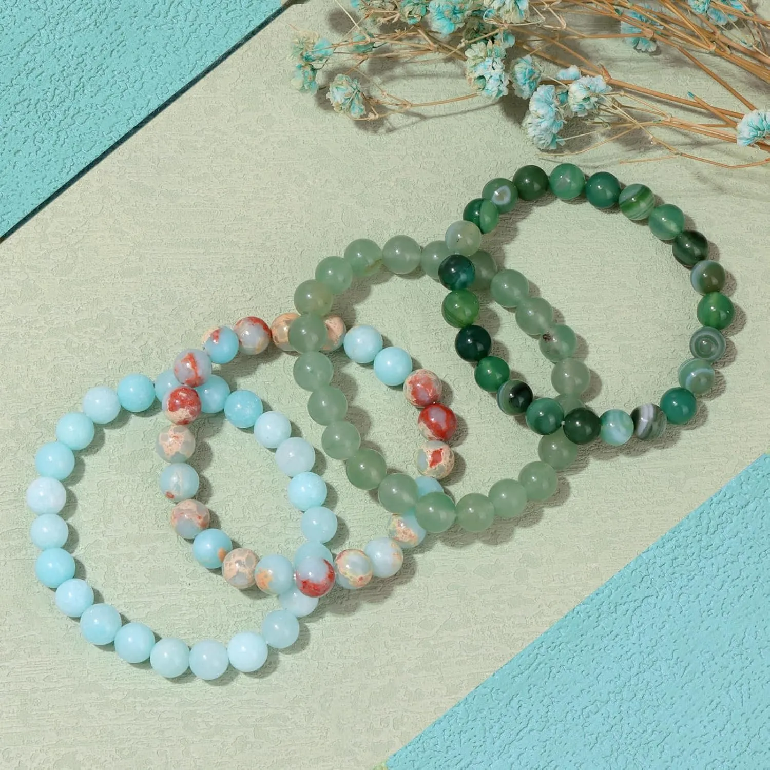 Raicegs 4PCS Colorful Beads Bracelet Healing Crystal Bracelet for Women Men Natural Stone 8mm Stack Gemstone Spiritual Jewelry Gift for Women Men
