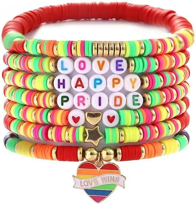 Rainbow LGBT Pride Bracelet Set for Women Men Multilayer Colorful Polymer Clay Beaded Heishi Surfer Stackable Stretch Bracelets LGBT Support Friendship Jewelry