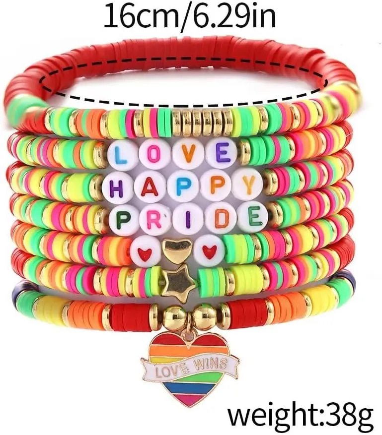 Rainbow LGBT Pride Bracelet Set for Women Men Multilayer Colorful Polymer Clay Beaded Heishi Surfer Stackable Stretch Bracelets LGBT Support Friendship Jewelry
