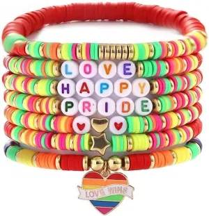 Rainbow LGBT Pride Bracelet Set for Women Men Multilayer Colorful Polymer Clay Beaded Heishi Surfer Stackable Stretch Bracelets LGBT Support Friendship Jewelry