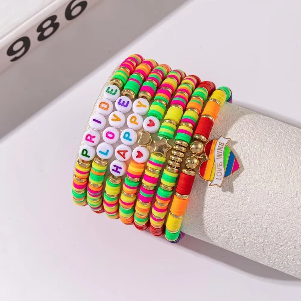 Rainbow LGBT Pride Bracelet Set for Women Men Multilayer Colorful Polymer Clay Beaded Heishi Surfer Stackable Stretch Bracelets LGBT Support Friendship Jewelry