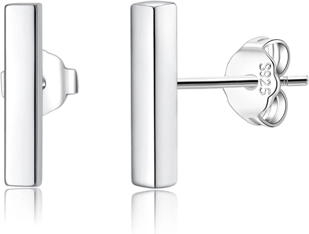 Reffeer Solid 925 Sterling Silver Bar Studs Earrings for Women Teens Minimalist Post Stud Earrings Hypoallergenic