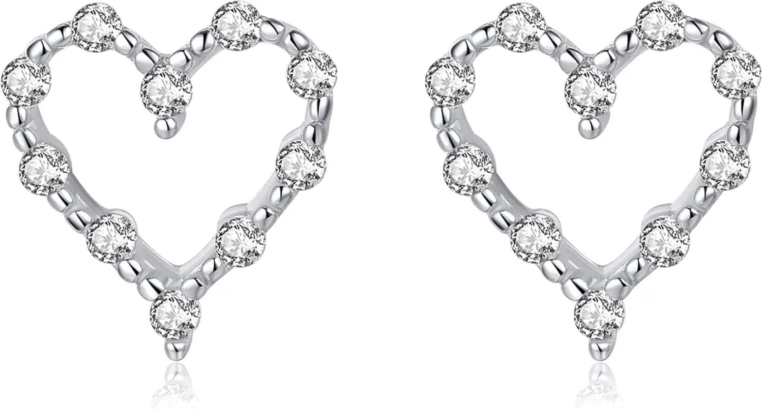 Reffeer Solid 925 Sterling Silver Hollow Heart Stud Earrings for Women Teens CZ Open Heart Earrings Stud Hypoallergenic