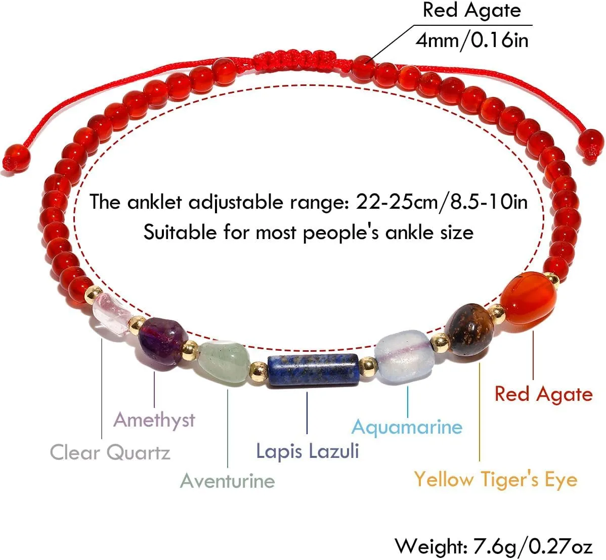 Reiki 7 Chakra Beaded Anklet Spiritual Colorful Tumbled Stones and Crystals Ankle Bracelets for Women Meditation Yoga Beach Jewelry