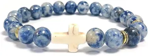 Religion Cross Natural Stone Beads Stretch Bracelets for Women Men 8MM Malachite Turquoise Agate Cross Elastic Prayer Bracelet Friendship Valentines Day Birthday Jewelry