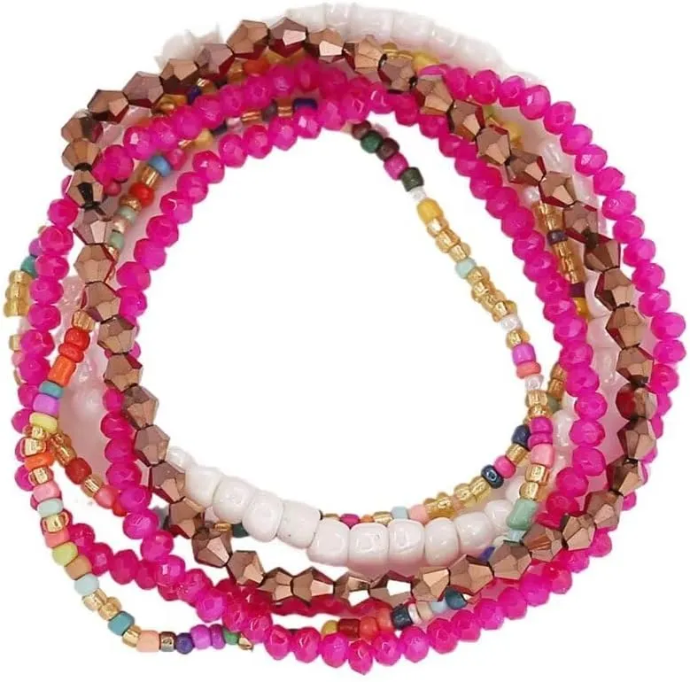 Rice Beads Crystal Fringe Bracelet for Women Handmade Boho Colorful Stackable Bead Bracelets Set Multicolor Seed Layered Stretch Bracelets Party Jewelry Gift