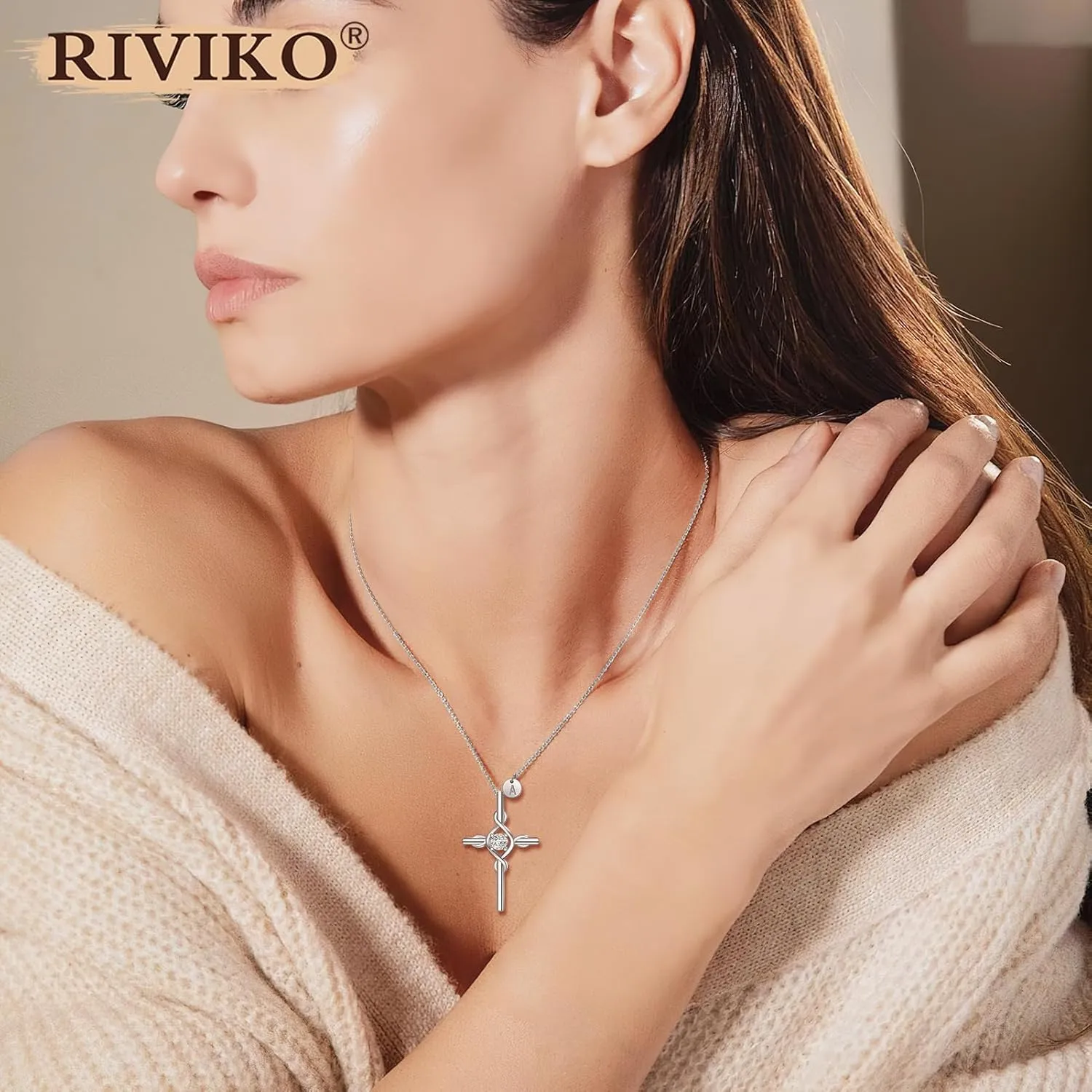 RIVIKO Cross Pendant Initial Necklace for Women,925 Sterling Silver Dainty Letter Necklaces,Alphabet Name Personalized Jewelry Valentines Anniversary Christmas Birthday Gifts for Women Her Mom Wife