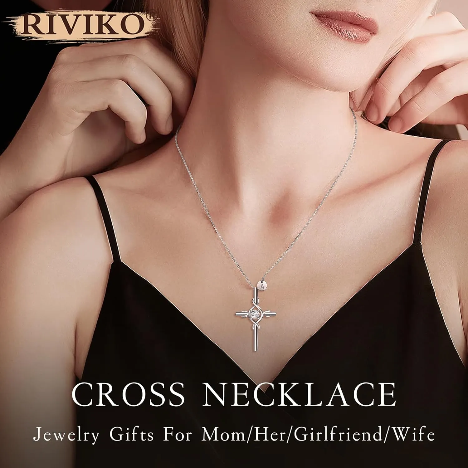 RIVIKO Cross Pendant Initial Necklace for Women,925 Sterling Silver Dainty Letter Necklaces,Alphabet Name Personalized Jewelry Valentines Anniversary Christmas Birthday Gifts for Women Her Mom Wife