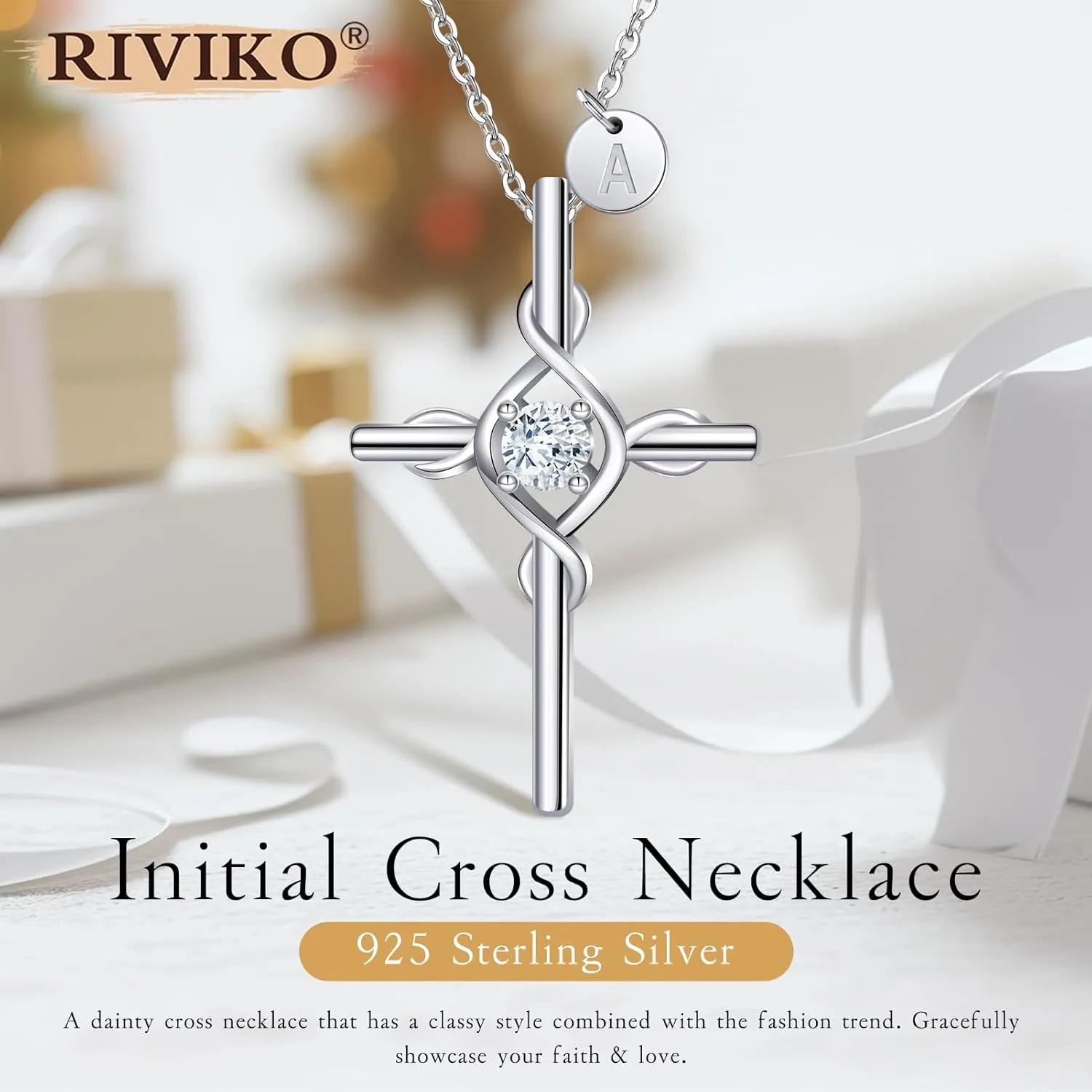 RIVIKO Cross Pendant Initial Necklace for Women,925 Sterling Silver Dainty Letter Necklaces,Alphabet Name Personalized Jewelry Valentines Anniversary Christmas Birthday Gifts for Women Her Mom Wife