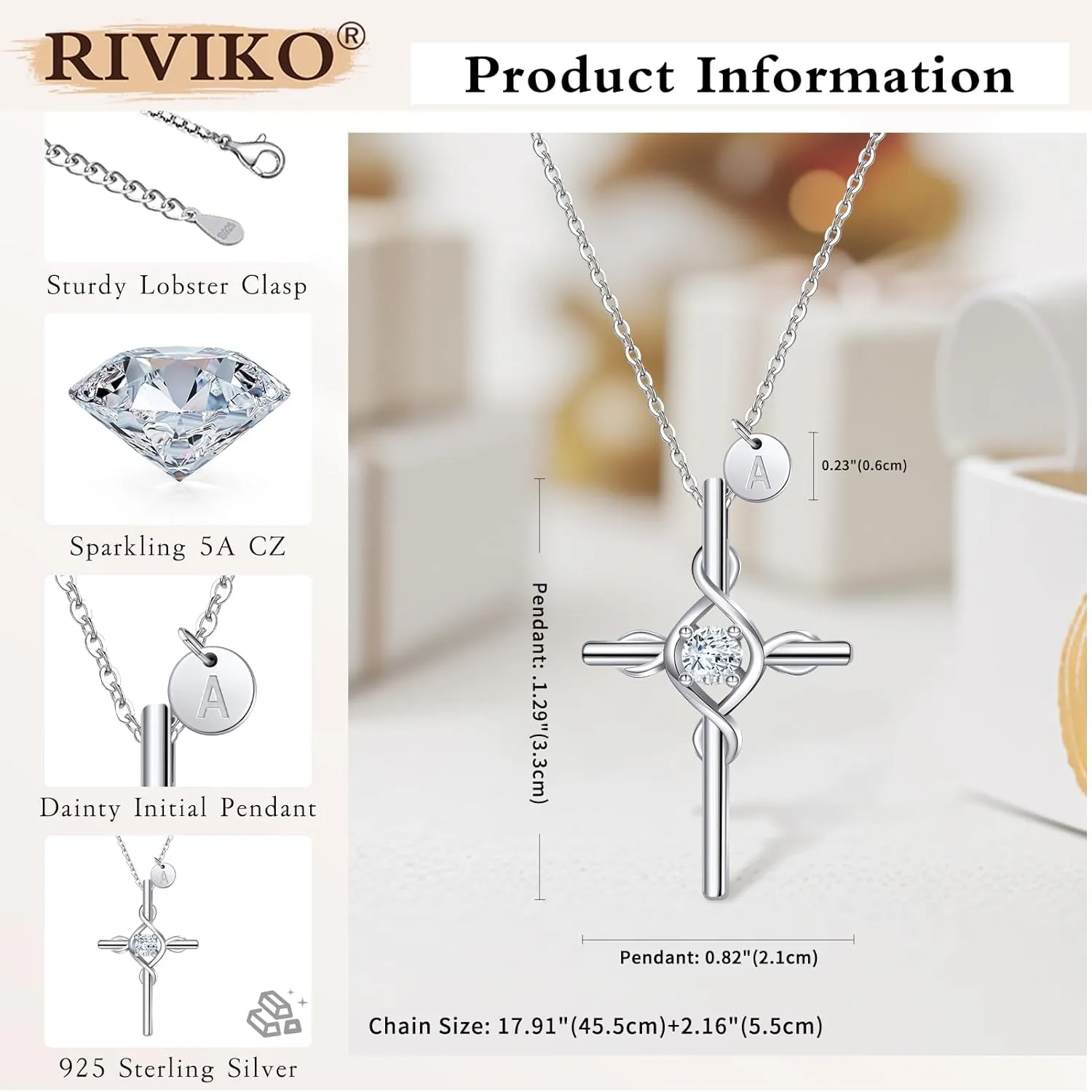 RIVIKO Cross Pendant Initial Necklace for Women,925 Sterling Silver Dainty Letter Necklaces,Alphabet Name Personalized Jewelry Valentines Anniversary Christmas Birthday Gifts for Women Her Mom Wife