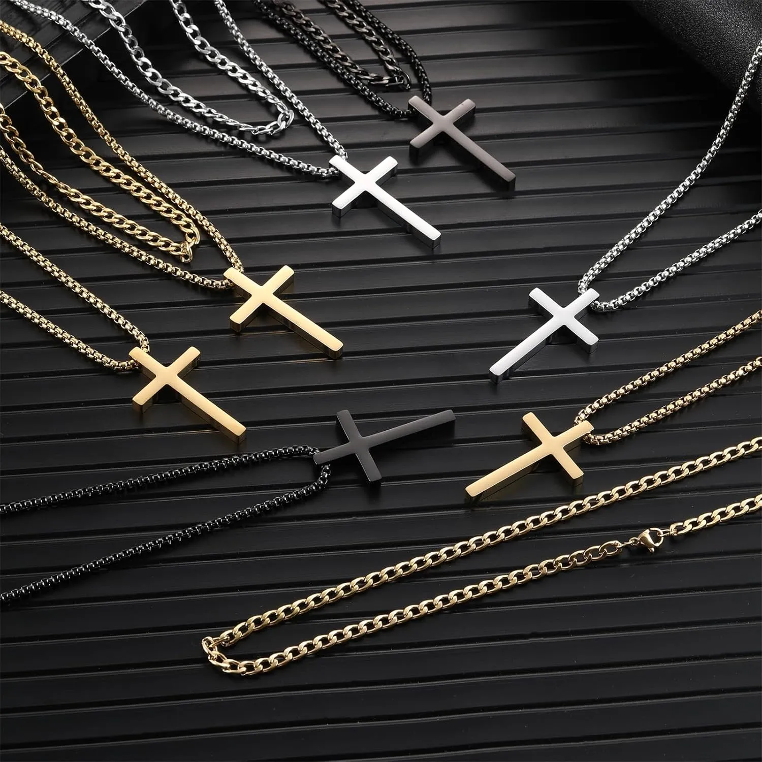 RWQIAN Cross Necklace for Men, Mens Cross Necklaces Silver Gold Black Stainless Steel Layered Cuban Link Cross Chain For Men |18 Inch,Simple Religious Christian Cross Pendant Jewelry for Boys Gifts