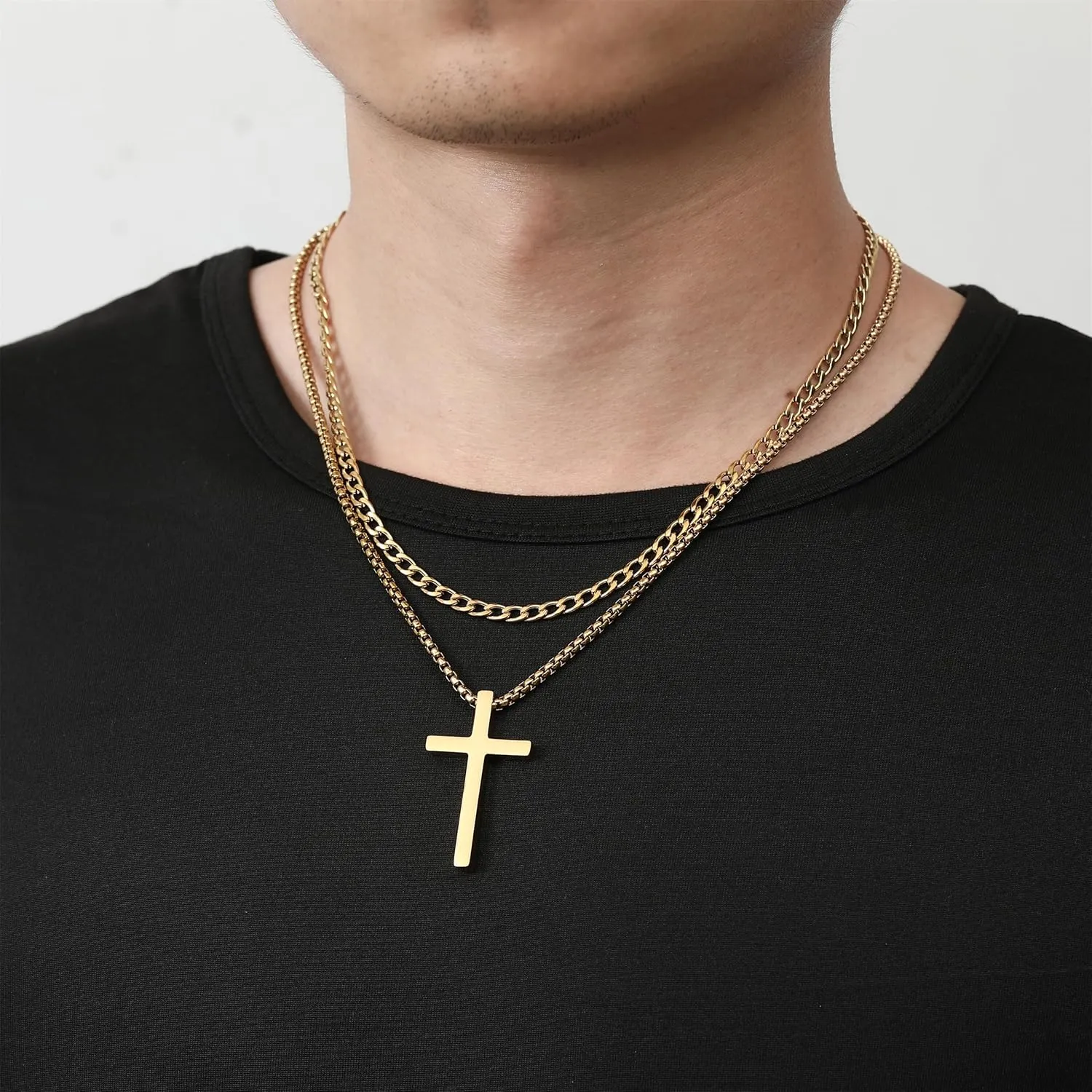 RWQIAN Cross Necklace for Men, Mens Cross Necklaces Silver Gold Black Stainless Steel Layered Cuban Link Cross Chain For Men |18 Inch,Simple Religious Christian Cross Pendant Jewelry for Boys Gifts