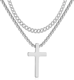 RWQIAN Cross Necklace for Men, Mens Cross Necklaces Silver Gold Black Stainless Steel Layered Cuban Link Cross Chain For Men |18 Inch,Simple Religious Christian Cross Pendant Jewelry for Boys Gifts