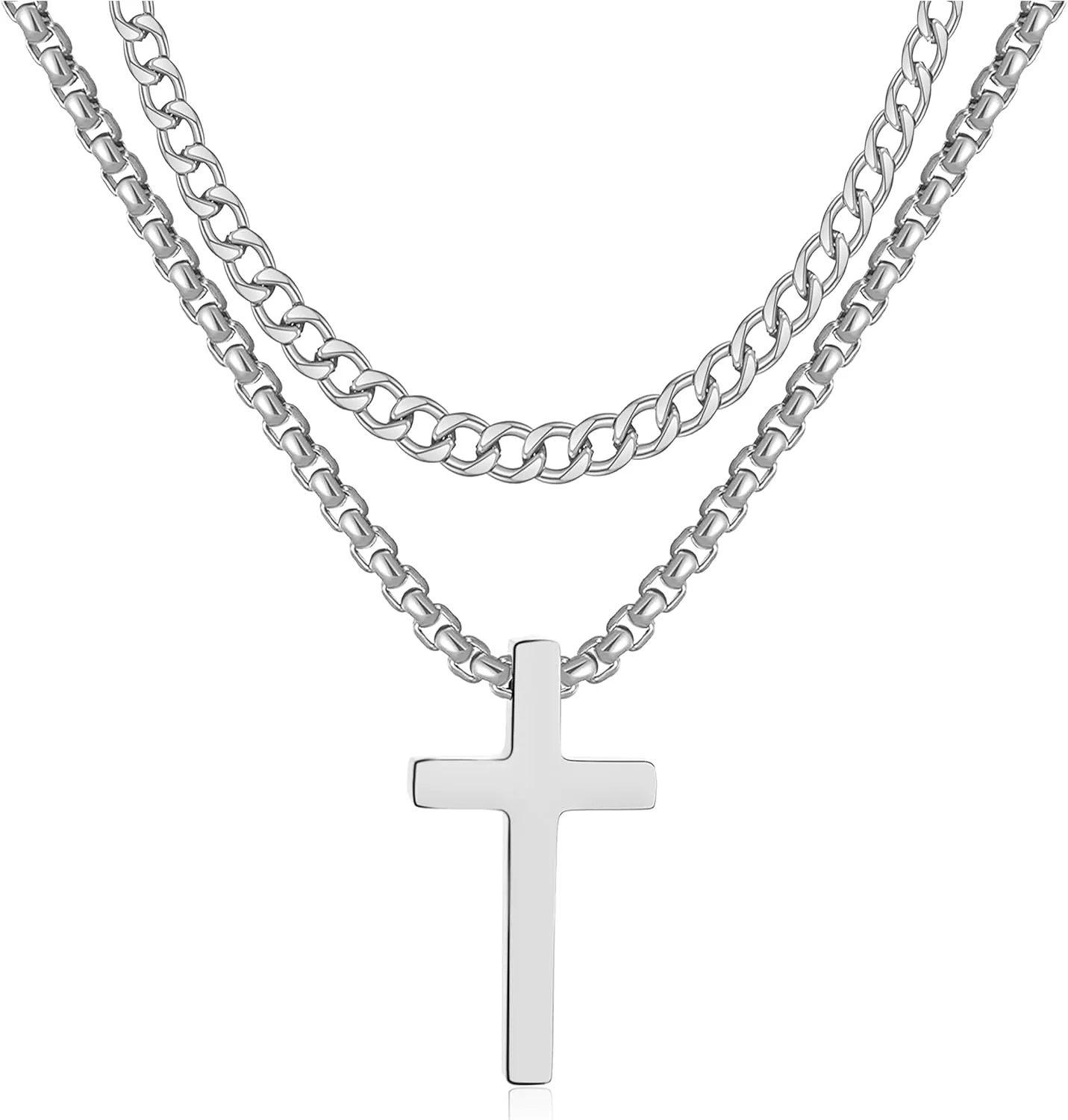 RWQIAN Cross Necklace for Men, Mens Cross Necklaces Silver Gold Black Stainless Steel Layered Cuban Link Cross Chain For Men |18 Inch,Simple Religious Christian Cross Pendant Jewelry for Boys Gifts