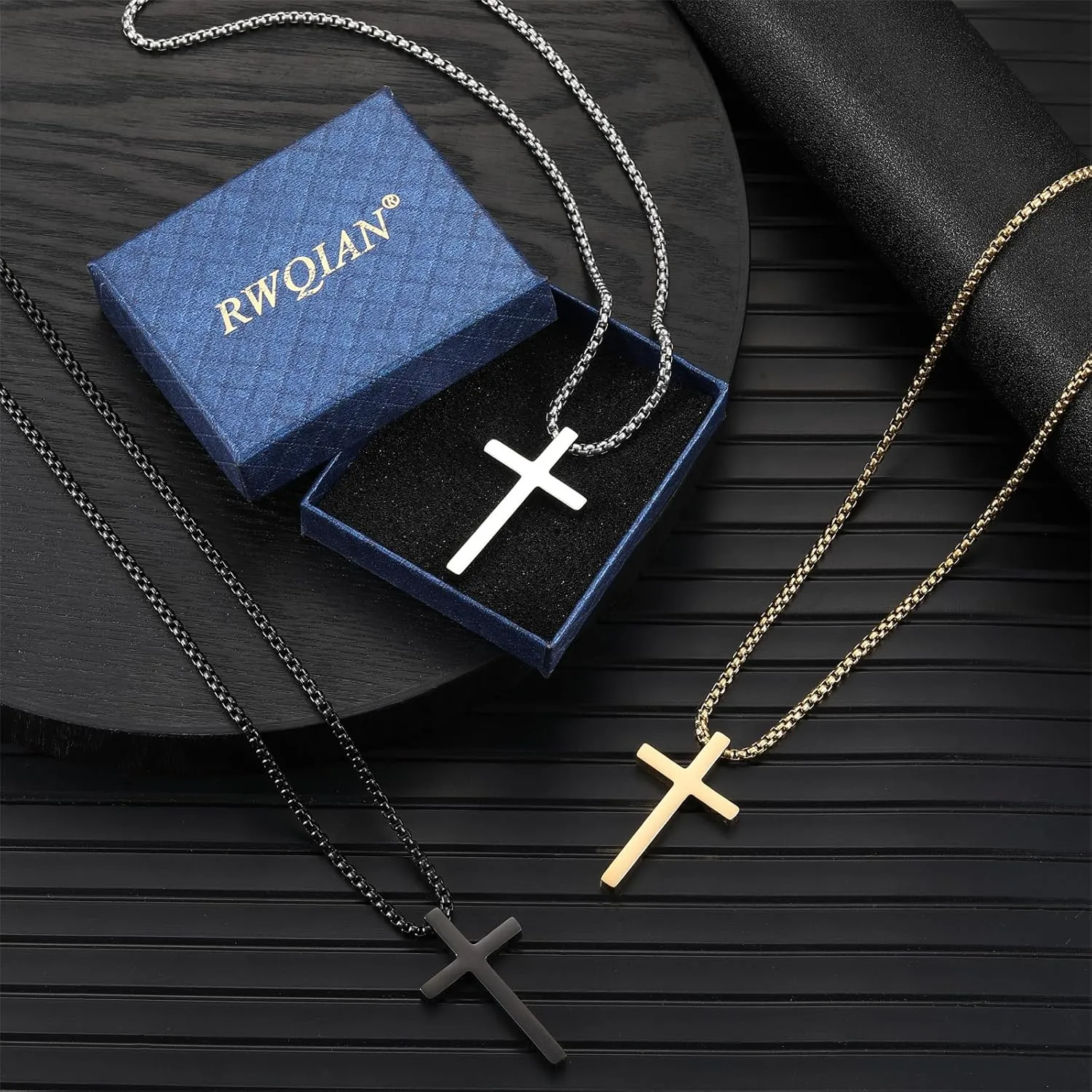RWQIAN Cross Necklace for Men, Mens Cross Necklaces Silver Gold Black Stainless Steel Layered Cuban Link Cross Chain For Men |18 Inch,Simple Religious Christian Cross Pendant Jewelry for Boys Gifts