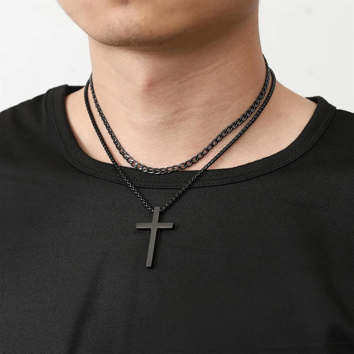 RWQIAN Cross Necklace for Men, Mens Cross Necklaces Silver Gold Black Stainless Steel Layered Cuban Link Cross Chain For Men |18 Inch,Simple Religious Christian Cross Pendant Jewelry for Boys Gifts