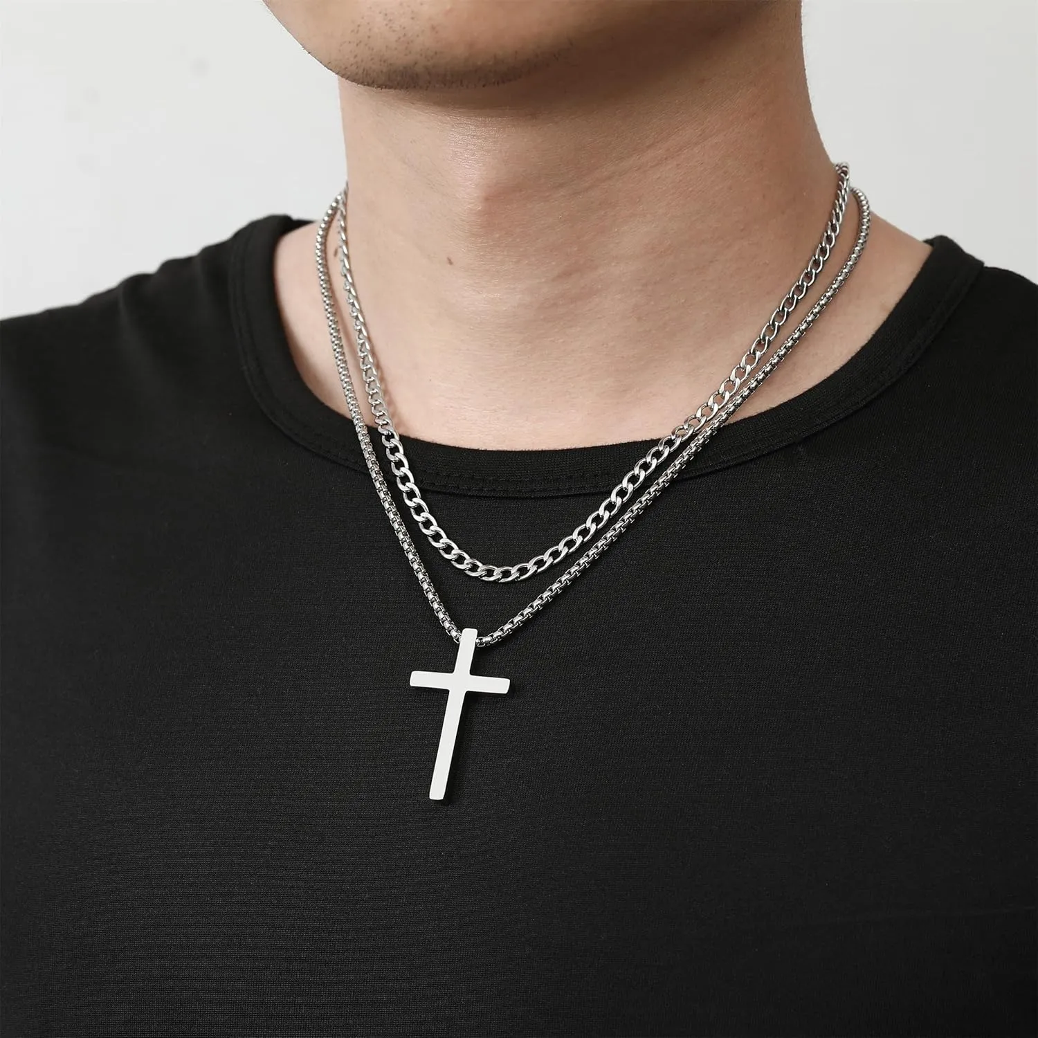 RWQIAN Cross Necklace for Men, Mens Cross Necklaces Silver Gold Black Stainless Steel Layered Cuban Link Cross Chain For Men |18 Inch,Simple Religious Christian Cross Pendant Jewelry for Boys Gifts