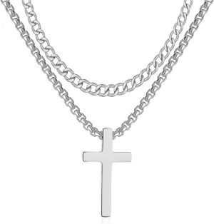 RWQIAN Cross Necklace for Men, Mens Cross Necklaces Silver Gold Black Stainless Steel Layered Cuban Link Cross Chain For Men |18 Inch,Simple Religious Christian Cross Pendant Jewelry for Boys Gifts