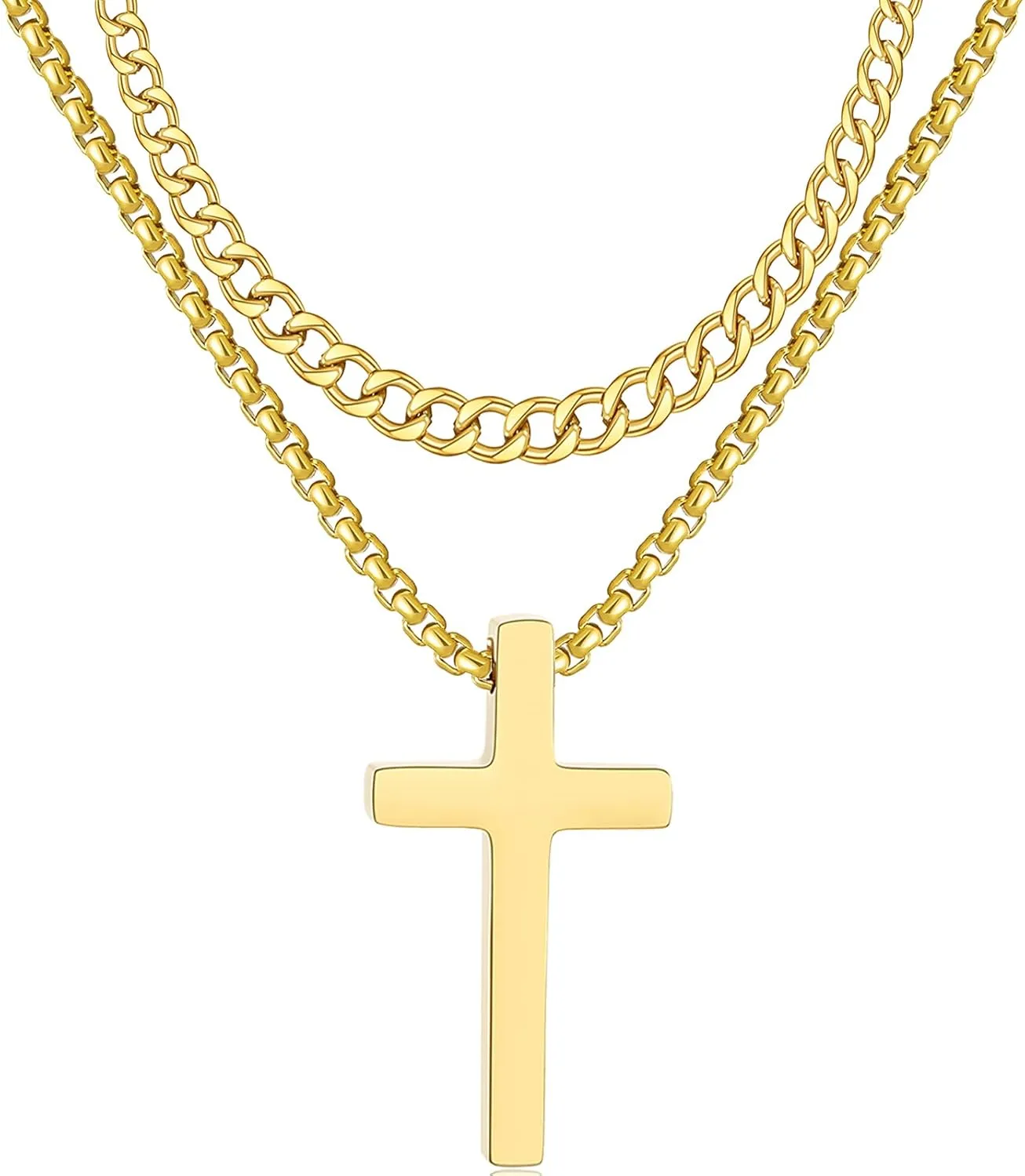 RWQIAN Cross Necklace for Men, Mens Cross Necklaces Silver Gold Black Stainless Steel Layered Cuban Link Cross Chain For Men |18 Inch,Simple Religious Christian Cross Pendant Jewelry for Boys Gifts