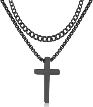 RWQIAN Cross Necklace for Men, Mens Cross Necklaces Silver Gold Black Stainless Steel Layered Cuban Link Cross Chain For Men |18 Inch,Simple Religious Christian Cross Pendant Jewelry for Boys Gifts