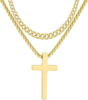 RWQIAN Cross Necklace for Men, Mens Cross Necklaces Silver Gold Black Stainless Steel Layered Cuban Link Cross Chain For Men |18 Inch,Simple Religious Christian Cross Pendant Jewelry for Boys Gifts