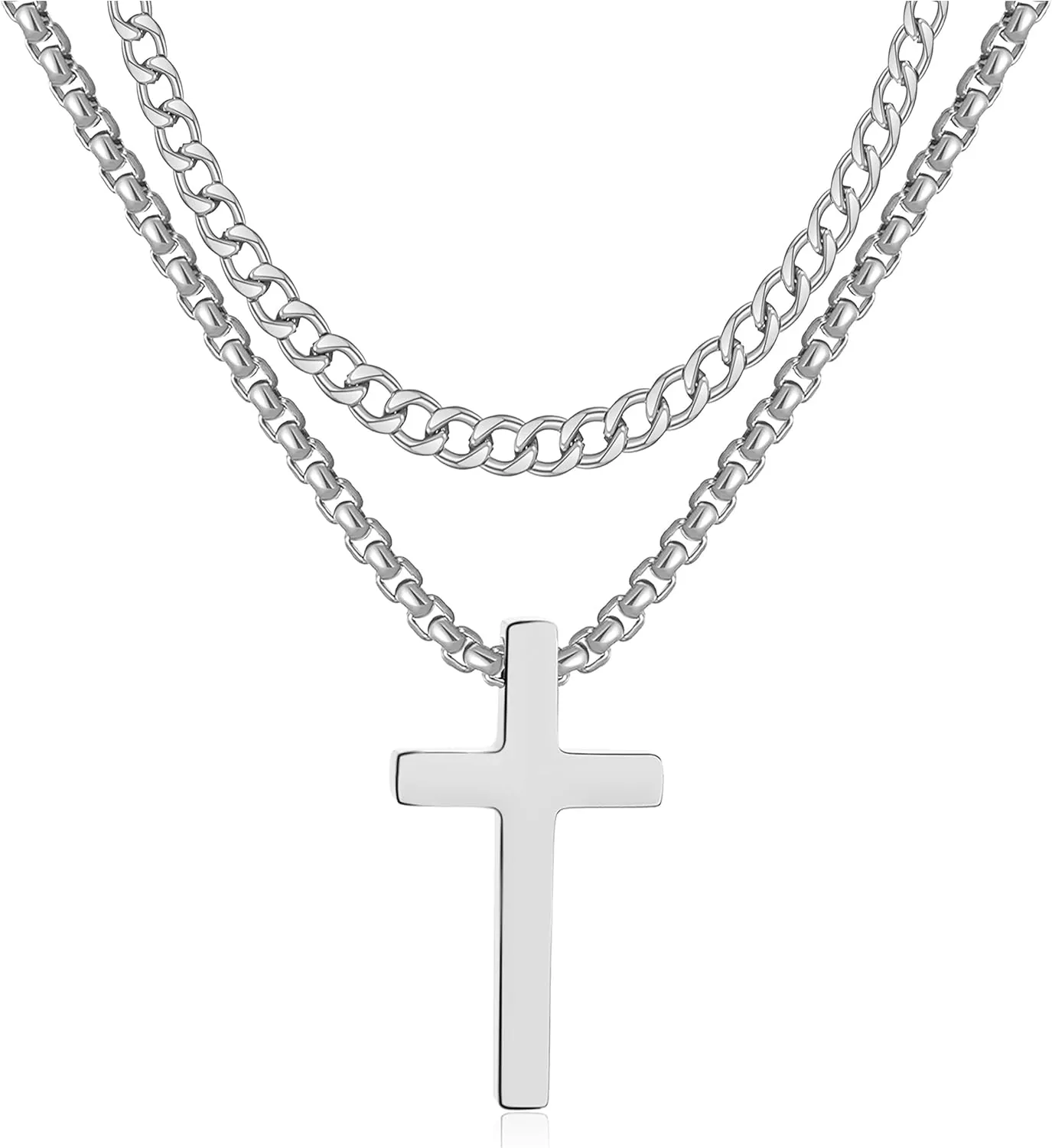 RWQIAN Cross Necklace for Men, Mens Cross Necklaces Silver Gold Black Stainless Steel Layered Cuban Link Cross Chain For Men |18 Inch,Simple Religious Christian Cross Pendant Jewelry for Boys Gifts