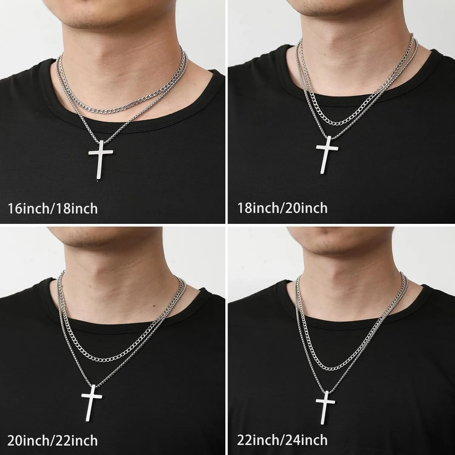 RWQIAN Cross Necklace for Men, Mens Cross Necklaces Silver Gold Black Stainless Steel Layered Cuban Link Cross Chain For Men |18 Inch,Simple Religious Christian Cross Pendant Jewelry for Boys Gifts
