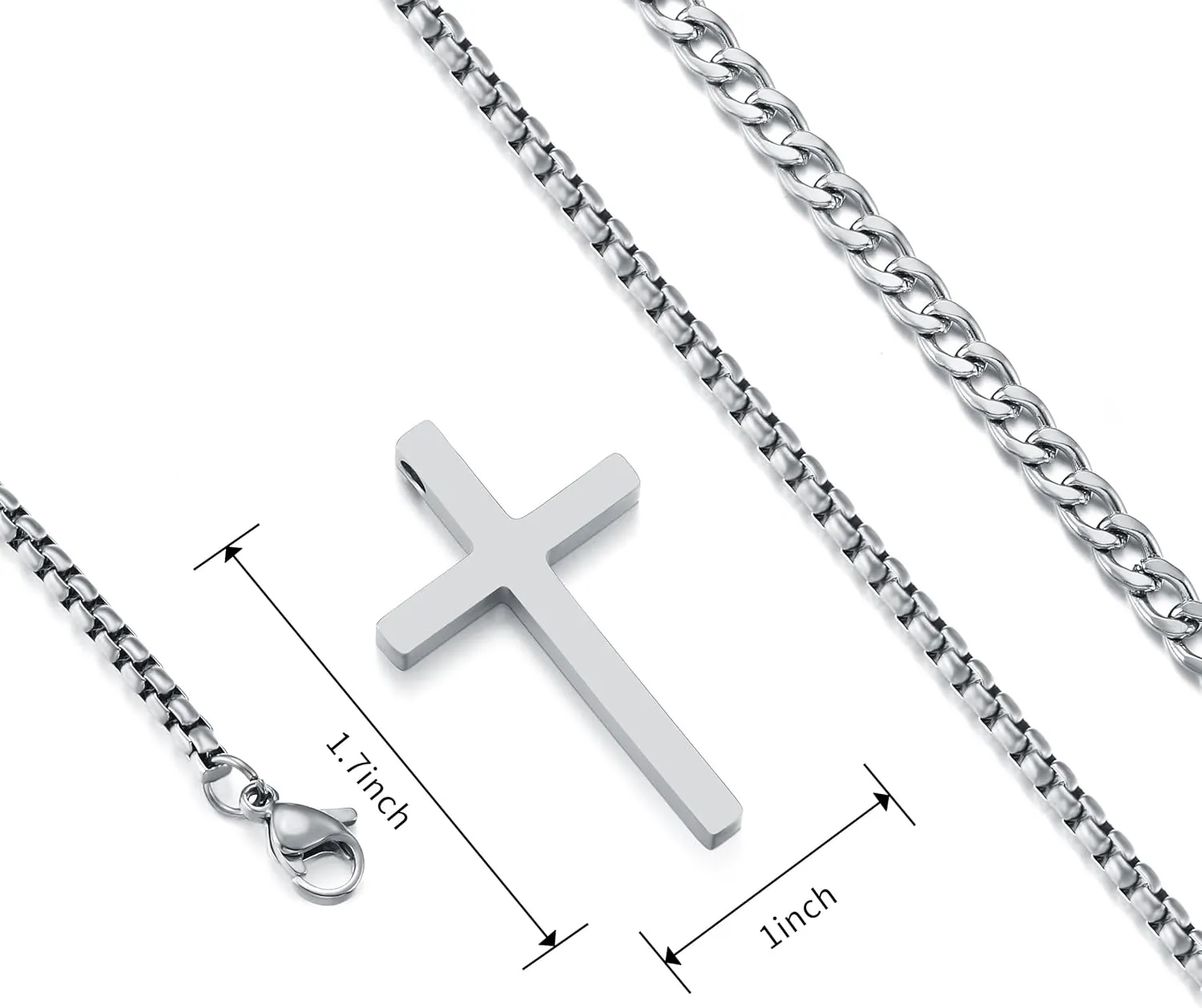 RWQIAN Cross Necklace for Men, Mens Cross Necklaces Silver Gold Black Stainless Steel Layered Cuban Link Cross Chain For Men |18 Inch,Simple Religious Christian Cross Pendant Jewelry for Boys Gifts