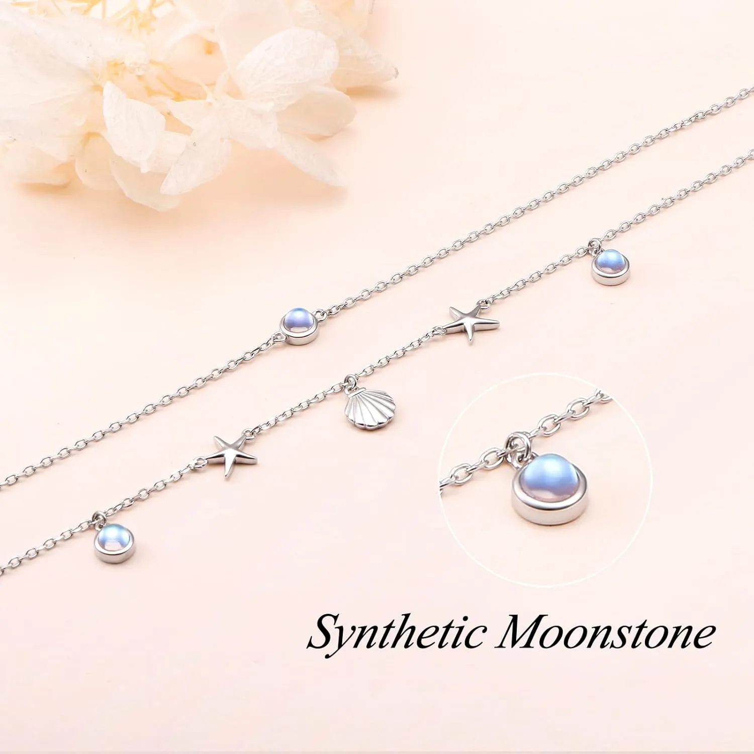 S925 Sterling Silver Elegant Foot Chain Beads Charm Boho Beach Double Layer Anklets Bracelet for Women Teenager Girls Adjustable 9 to 10.5 inches