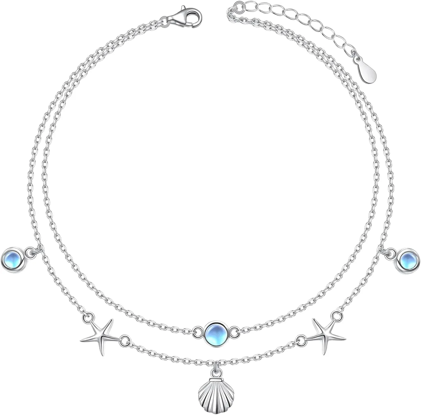 S925 Sterling Silver Elegant Foot Chain Beads Charm Boho Beach Double Layer Anklets Bracelet for Women Teenager Girls Adjustable 9 to 10.5 inches