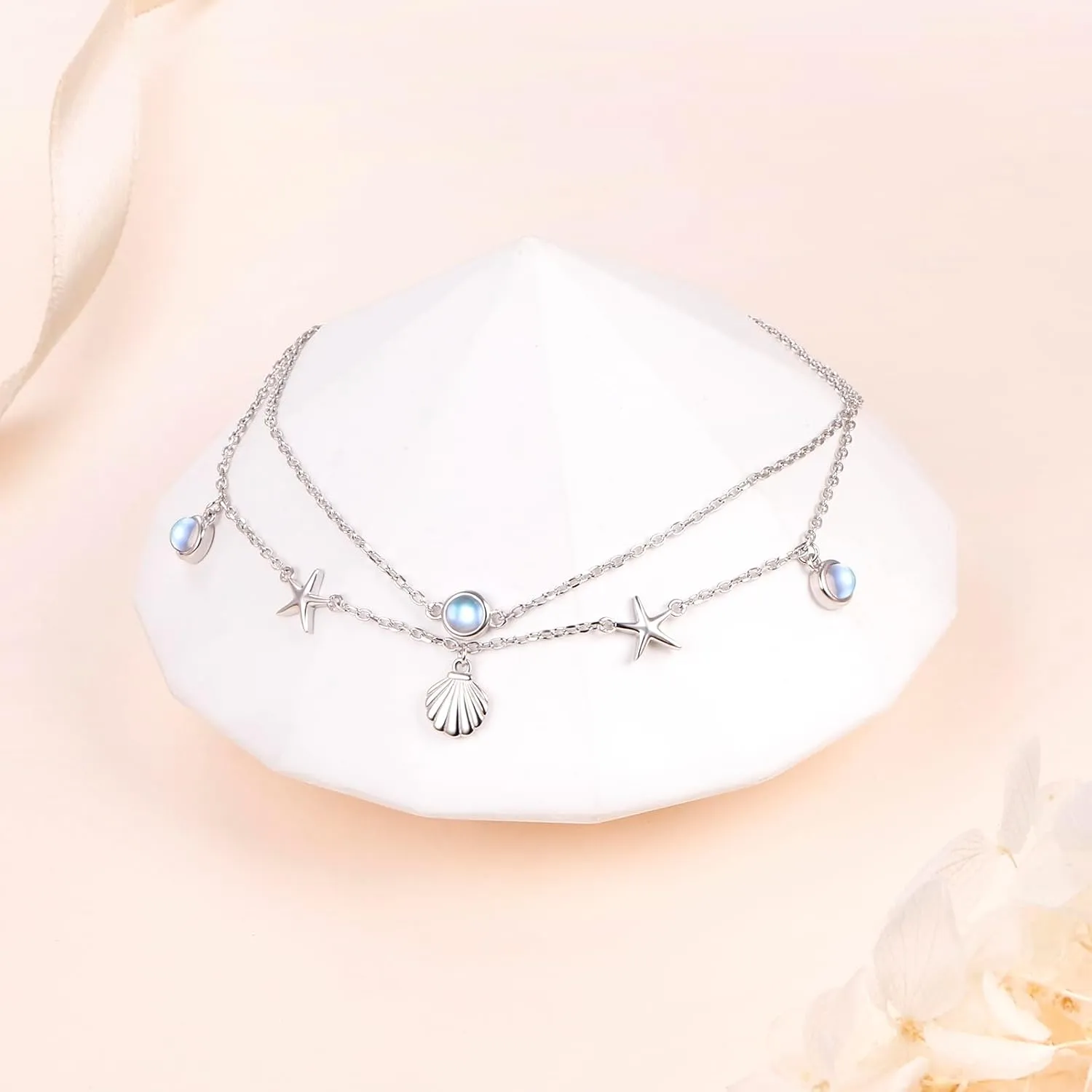 S925 Sterling Silver Elegant Foot Chain Beads Charm Boho Beach Double Layer Anklets Bracelet for Women Teenager Girls Adjustable 9 to 10.5 inches