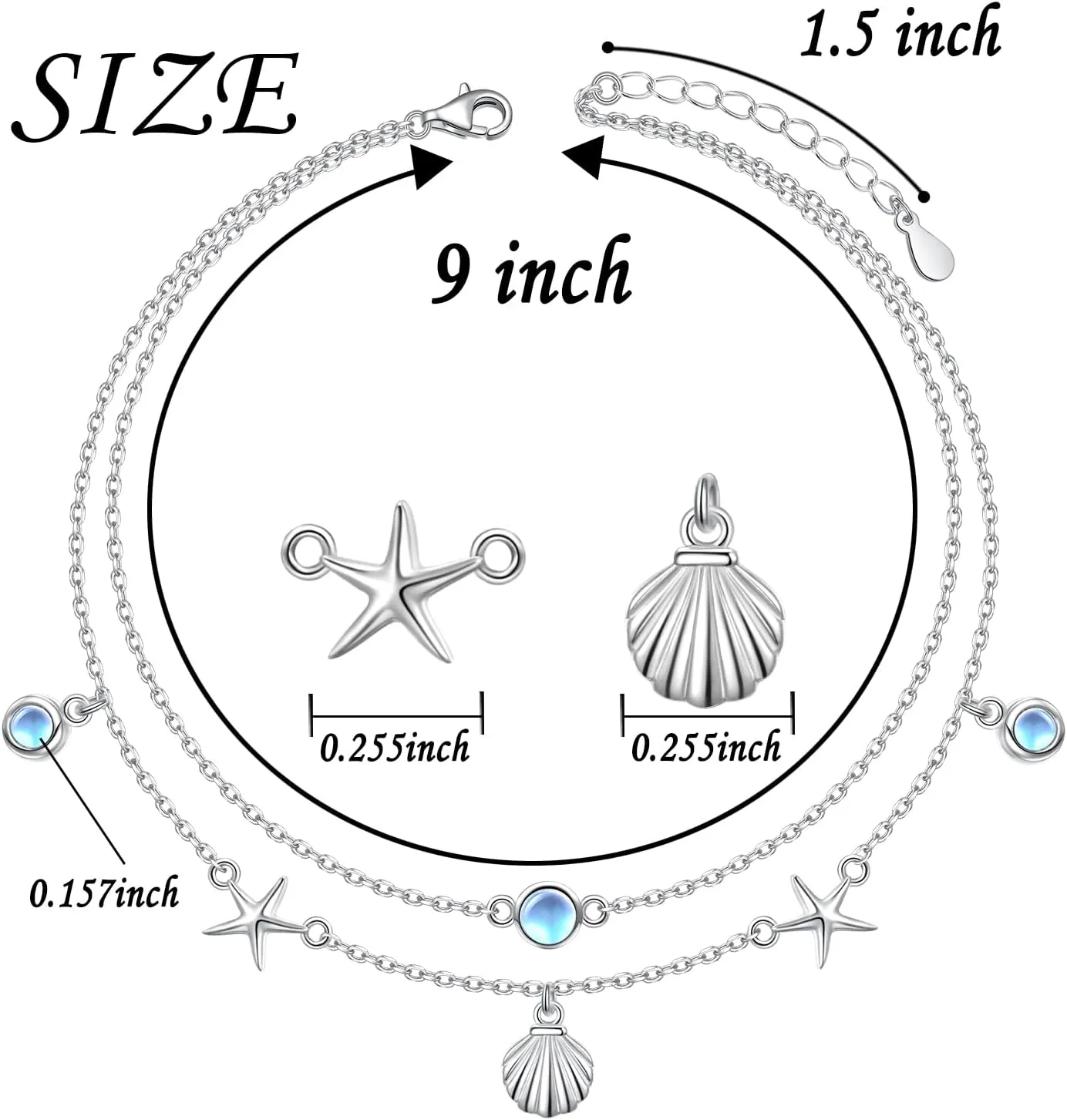 S925 Sterling Silver Elegant Foot Chain Beads Charm Boho Beach Double Layer Anklets Bracelet for Women Teenager Girls Adjustable 9 to 10.5 inches