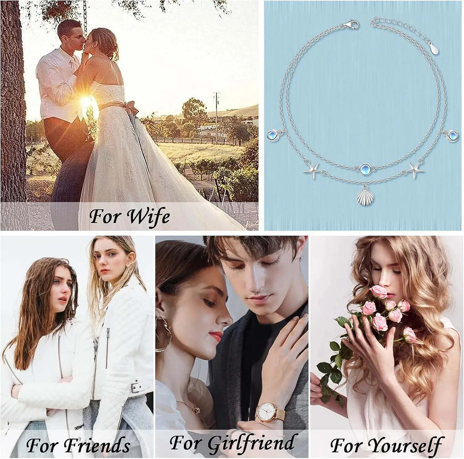 S925 Sterling Silver Elegant Foot Chain Beads Charm Boho Beach Double Layer Anklets Bracelet for Women Teenager Girls Adjustable 9 to 10.5 inches