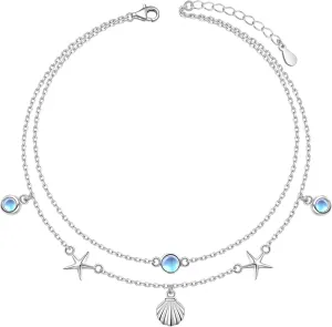 S925 Sterling Silver Elegant Foot Chain Beads Charm Boho Beach Double Layer Anklets Bracelet for Women Teenager Girls Adjustable 9 to 10.5 inches