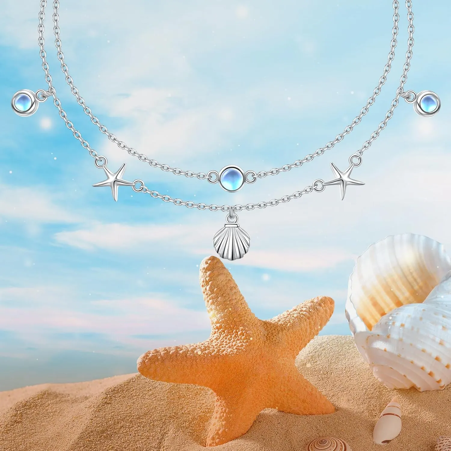 S925 Sterling Silver Elegant Foot Chain Beads Charm Boho Beach Double Layer Anklets Bracelet for Women Teenager Girls Adjustable 9 to 10.5 inches