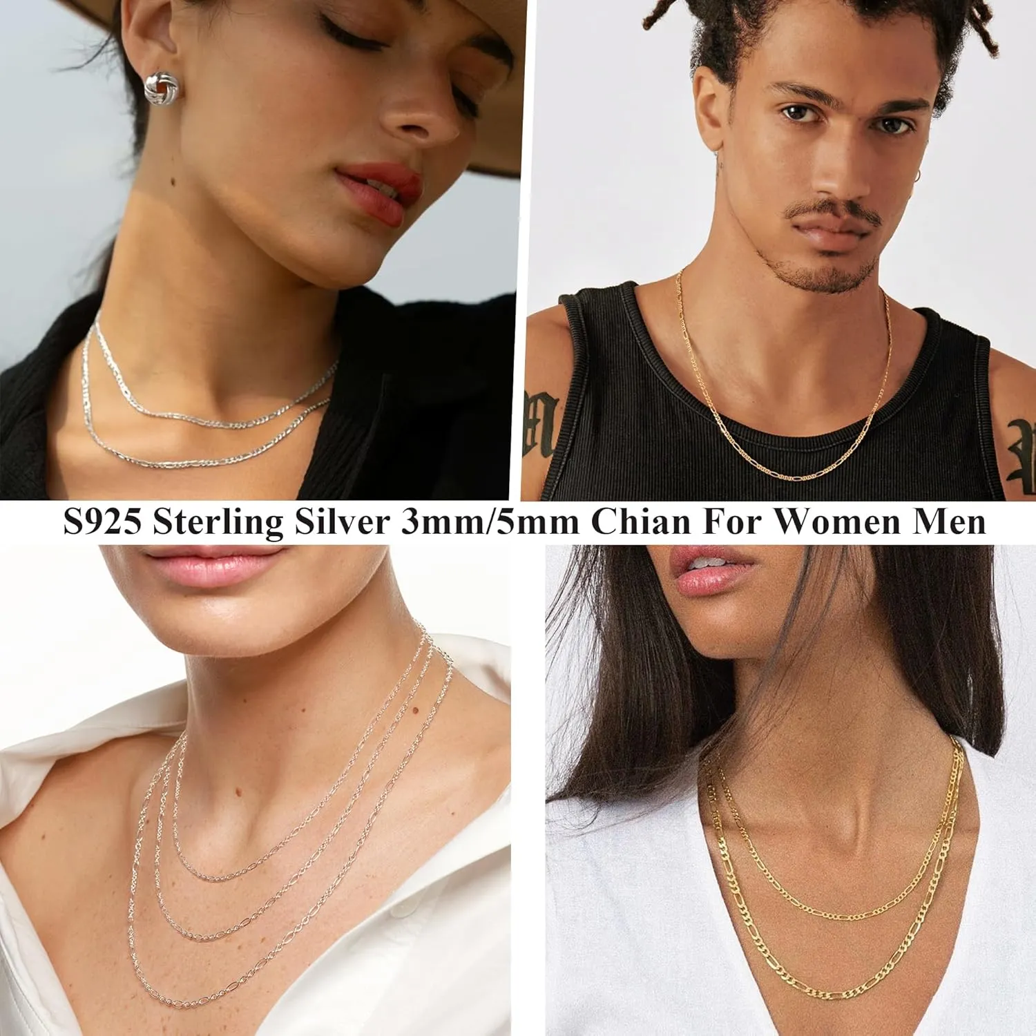 S925 Sterling Silver Figaro Chain Necklace for Women Girls 3mm/5mm Thick Sturdy & Colourfast Women's Chain Necklaces Jewelery for Women Girls 14/16/18/20/22/24/Inch