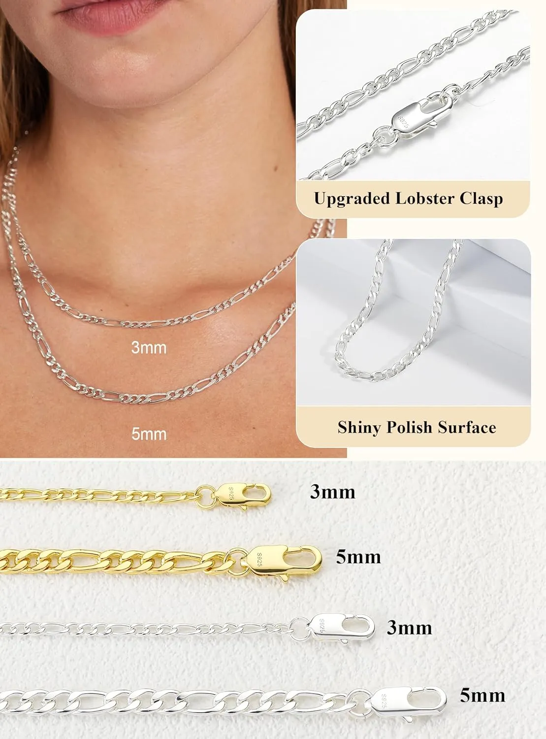S925 Sterling Silver Figaro Chain Necklace for Women Girls 3mm/5mm Thick Sturdy & Colourfast Women's Chain Necklaces Jewelery for Women Girls 14/16/18/20/22/24/Inch