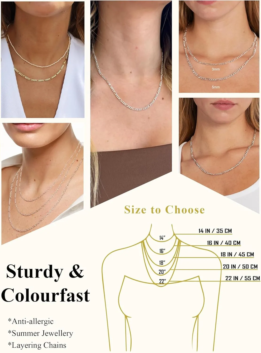 S925 Sterling Silver Figaro Chain Necklace for Women Girls 3mm/5mm Thick Sturdy & Colourfast Women's Chain Necklaces Jewelery for Women Girls 14/16/18/20/22/24/Inch