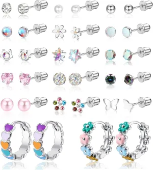SAILIMUE 17 Pairs Hypoallergenic Earrings for Girls Women Surgical Steel Screw Back Earrings Toddler Baby Kids Earrings Studs 20G