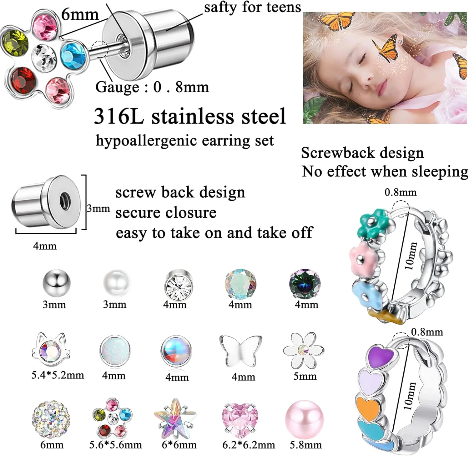 SAILIMUE 17 Pairs Hypoallergenic Earrings for Girls Women Surgical Steel Screw Back Earrings Toddler Baby Kids Earrings Studs 20G