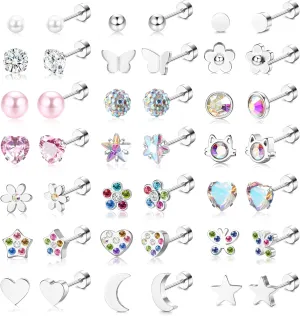 SAILIMUE 21Pairs Screw Back Stud Earrings For Women Hypoallergenic Surgical Steel Screwback Earrings Star Moon Flower Heart Butterfly CZ Tiny Cartilage Tragus Daith Helix Flat Back Earrings Piercing Jewelry 20G