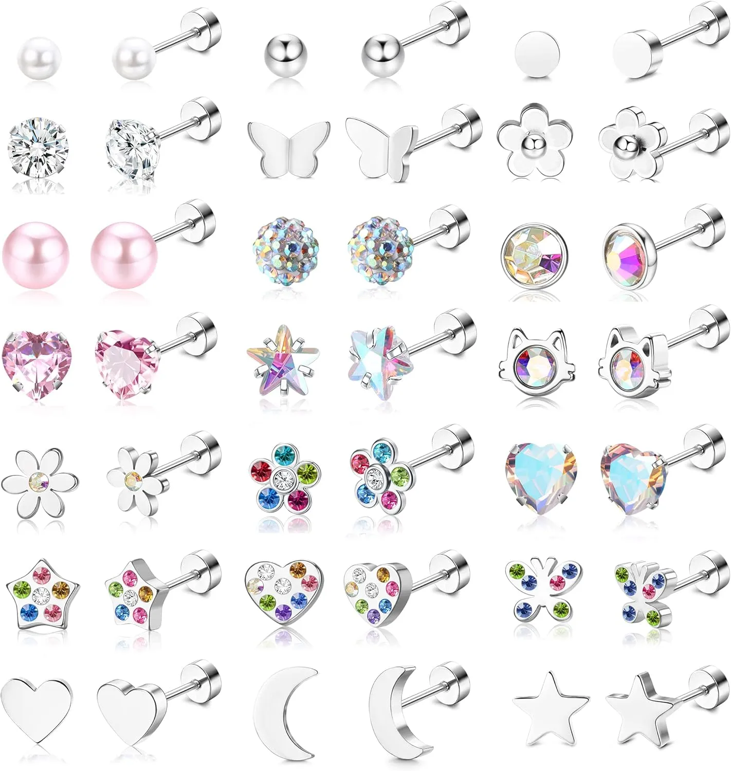 SAILIMUE 21Pairs Screw Back Stud Earrings For Women Hypoallergenic Surgical Steel Screwback Earrings Star Moon Flower Heart Butterfly CZ Tiny Cartilage Tragus Daith Helix Flat Back Earrings Piercing Jewelry 20G
