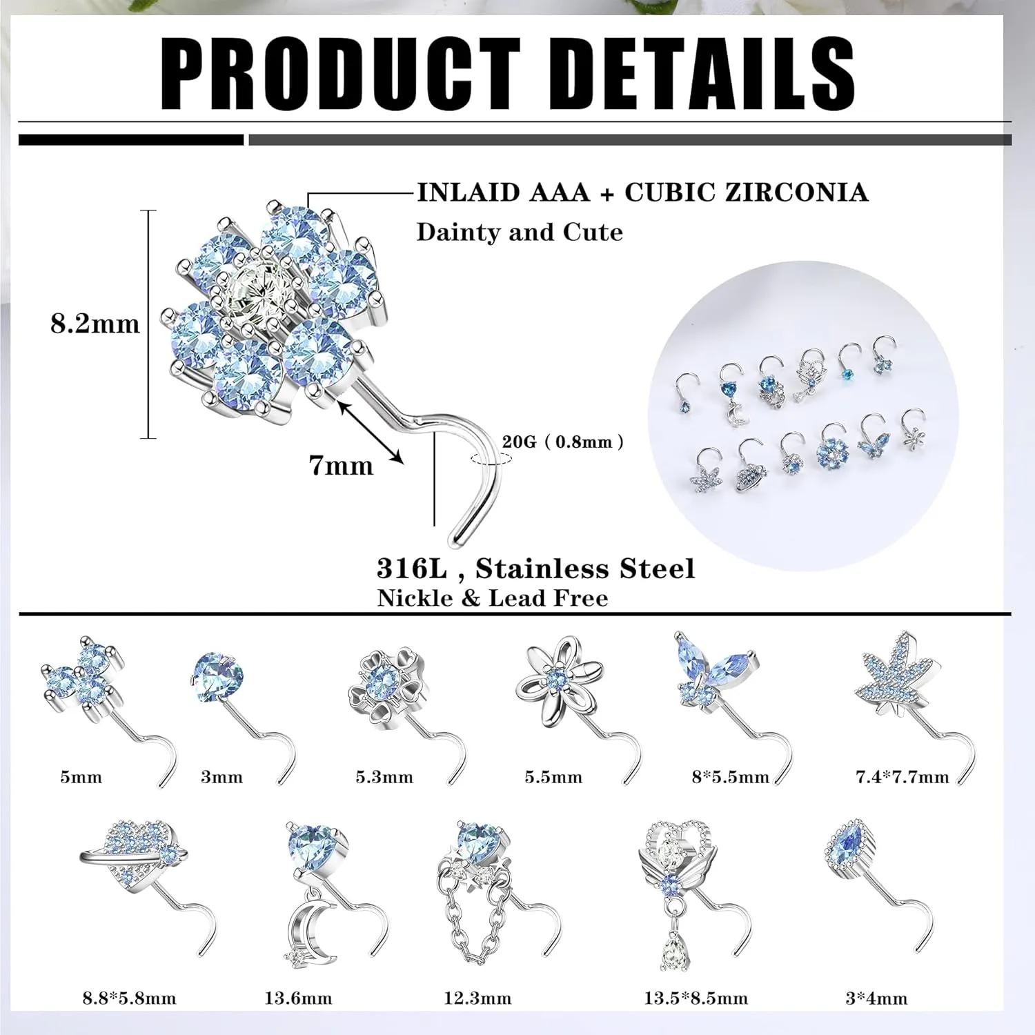 Sanfenly 12 PCS 20G Nose Rings Surgical Stainless Steel, L Shaped Nose Studs for Women Men, CZ Heart Butterfly Flower Leaf Moon Dangle Cute Nose Piercings Studs Screw Jewelry Pink/Purple/Blue/Clear