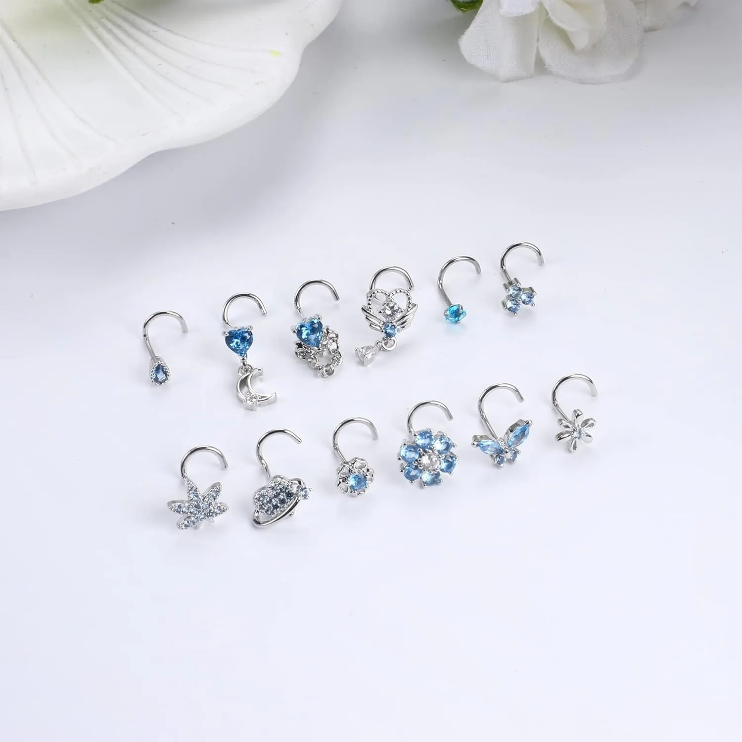Sanfenly 12 PCS 20G Nose Rings Surgical Stainless Steel, L Shaped Nose Studs for Women Men, CZ Heart Butterfly Flower Leaf Moon Dangle Cute Nose Piercings Studs Screw Jewelry Pink/Purple/Blue/Clear